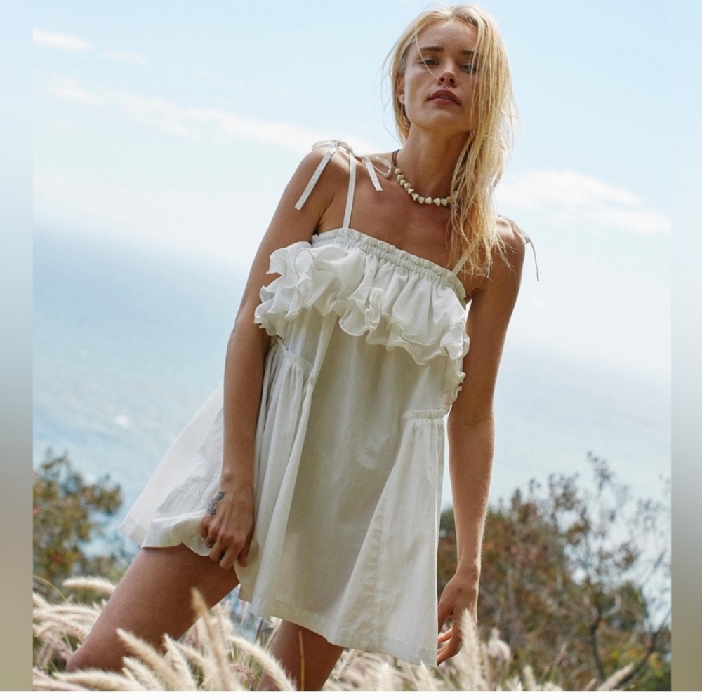 Free People  White Ruffle Mini Dress S - Picture 3 of 14
